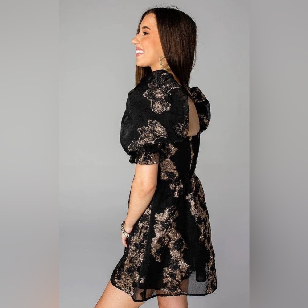 Buddy Love Puff Sleeve Black And Gold Mini Dress